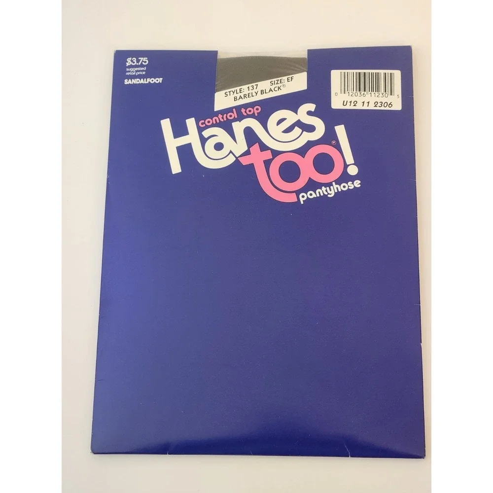Vtg Hanes Too! Control Top Pretty Sz E-F Barely Black Sandalfoot Nylon Pantyhose